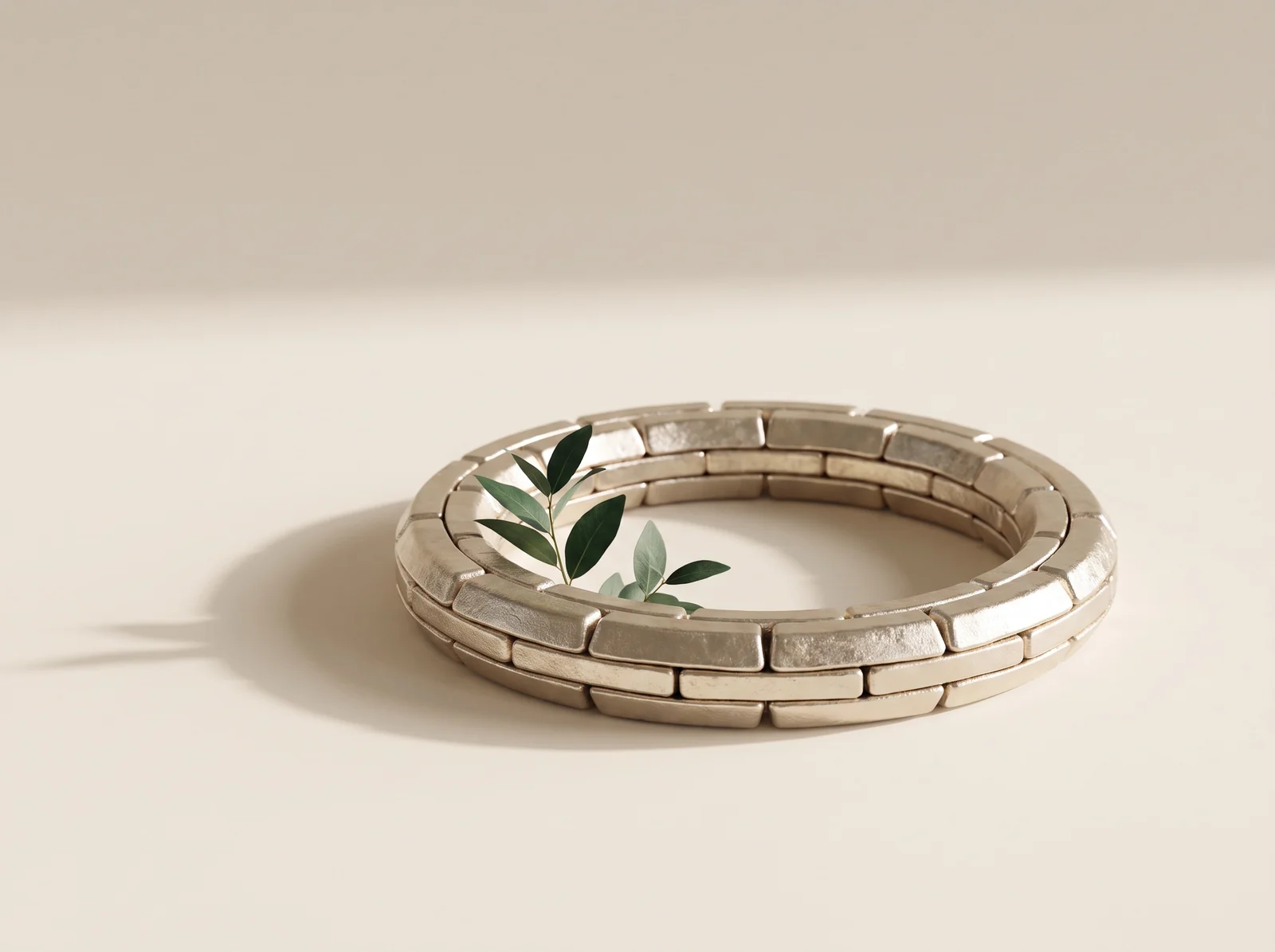 A closed ring of recycled metal ingots with new leaves growing inside
