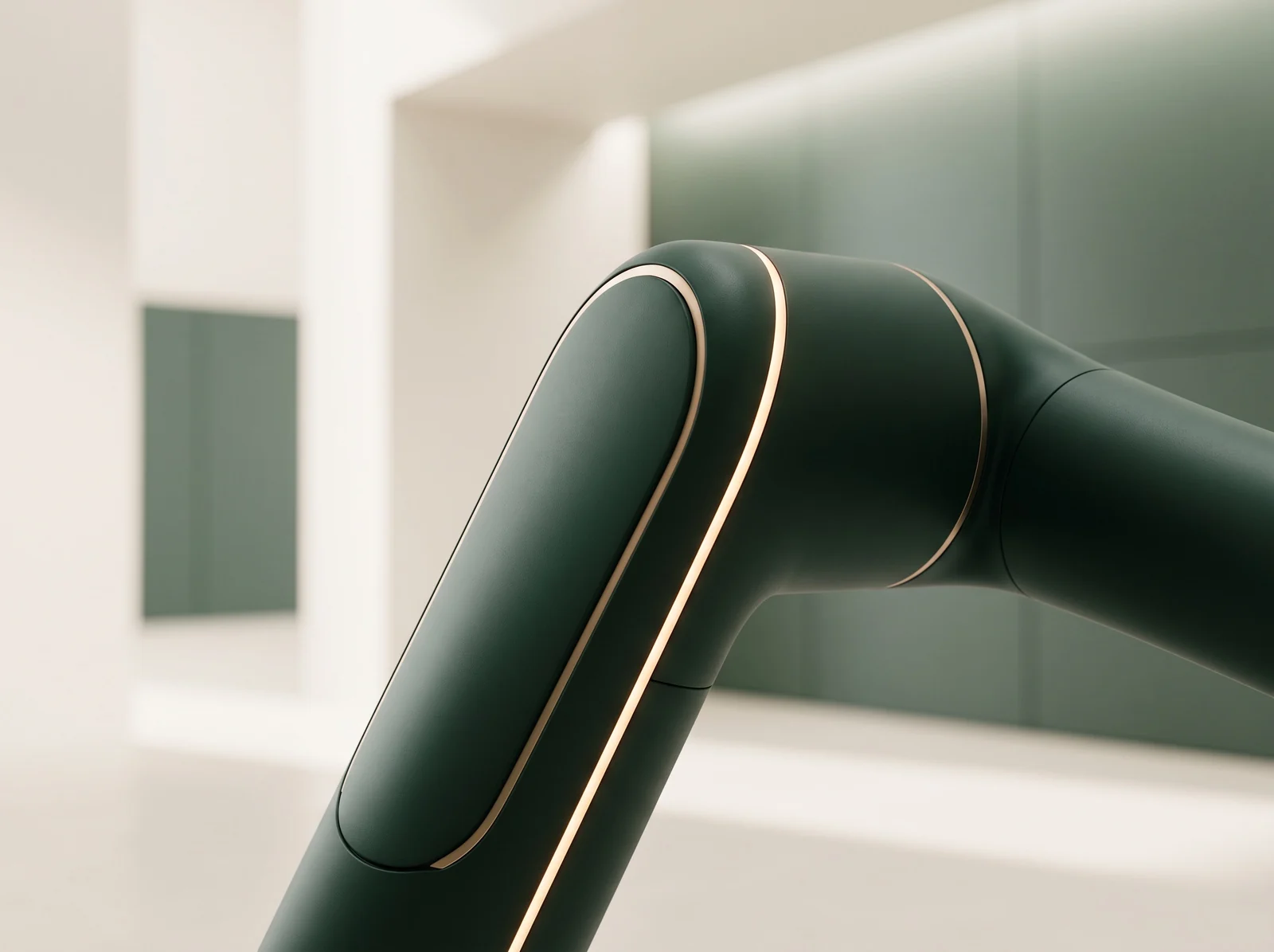 A deep green robotic arm with a fine line of light along its edge