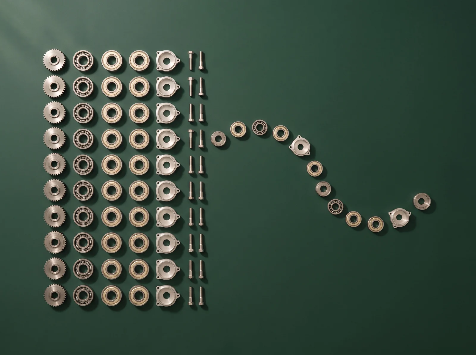 Machined components arranged in an ordered grid that flows into a single line