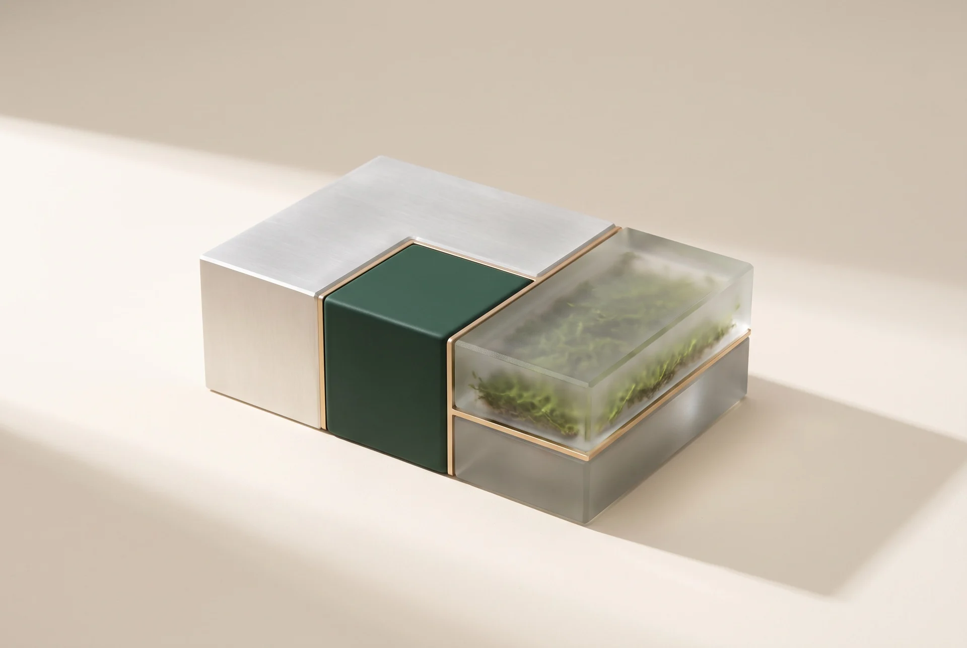 Aluminium, green and glass-with-moss blocks joined into one unit, symbolising integration